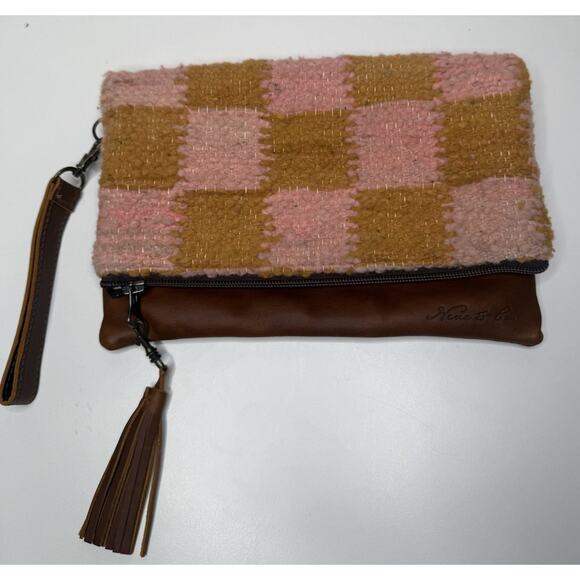 Nena & Co Artisan Handmade Clutch Large Brown Leather Wool Convertible Lined Bag - Picture 1 of 9